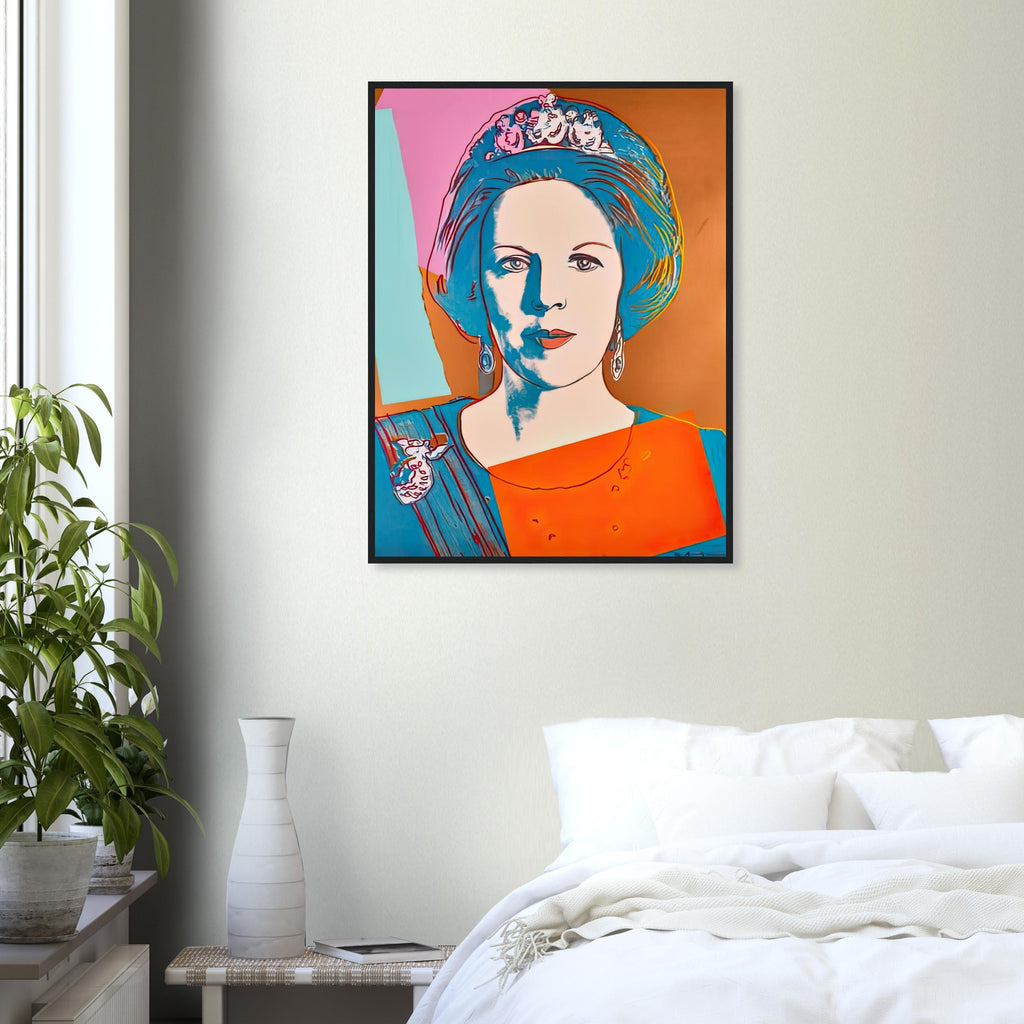 Andy Warhol framed print depicting this work depicts Queen Beatrix of the Netherlands; The Reigning Queens portfolio presented four women who held ruling power in their own right: Elizabeth