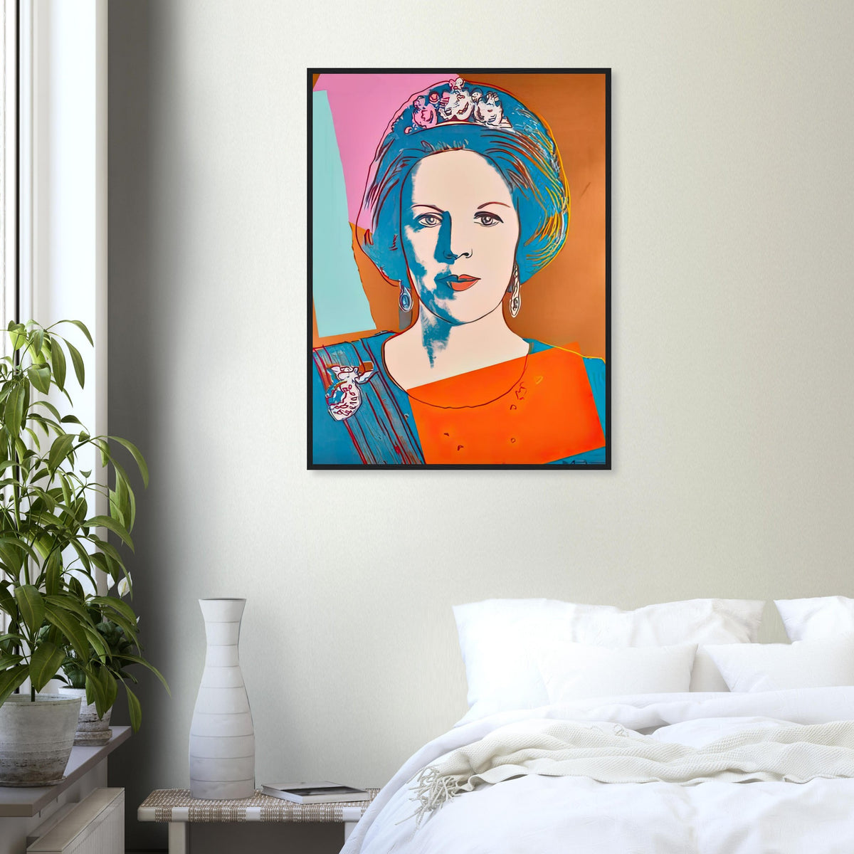 Andy Warhol framed print depicting this work depicts Queen Beatrix of the Netherlands; The Reigning Queens portfolio presented four women who held ruling power in their own right: Elizabeth