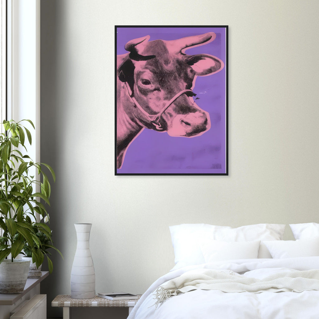 Andy Warhol framed print depicting the cow’s face becomes a bold graphic presence, replacing the gentle mood of traditional animal painting with irreverent visual impact