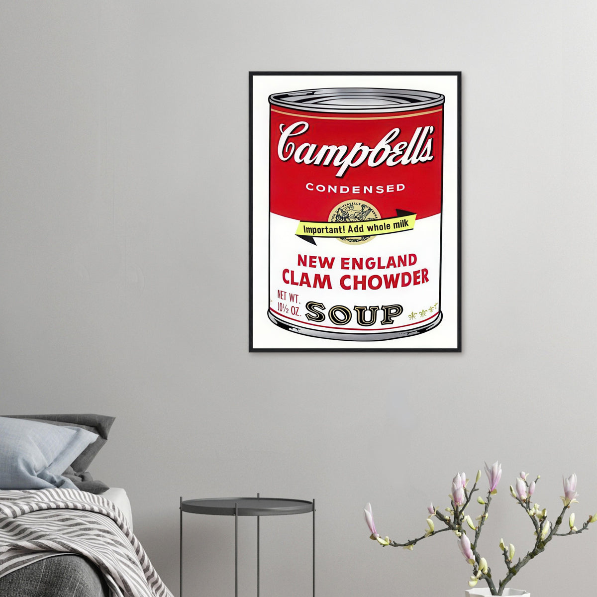 Andy Warhol framed print depicting the instantly legible soup-can silhouette, packaging lettering and product name create a highly recognizable commercial composition