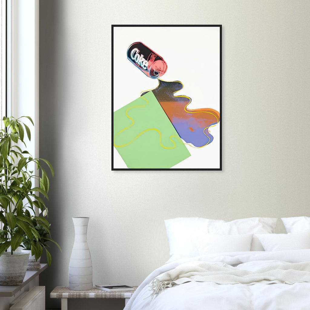 Andy Warhol framed print depicting a toppled Coca-Cola can appears to spill its contents, with colourful outlines exaggerating the ordinary action; New Coke was created in the year Coca-Cola introduced a controversial reformulated drink