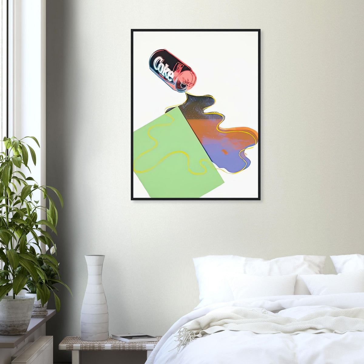 Andy Warhol framed print depicting a toppled Coca-Cola can appears to spill its contents, with colourful outlines exaggerating the ordinary action; New Coke was created in the year Coca-Cola introduced a controversial reformulated drink