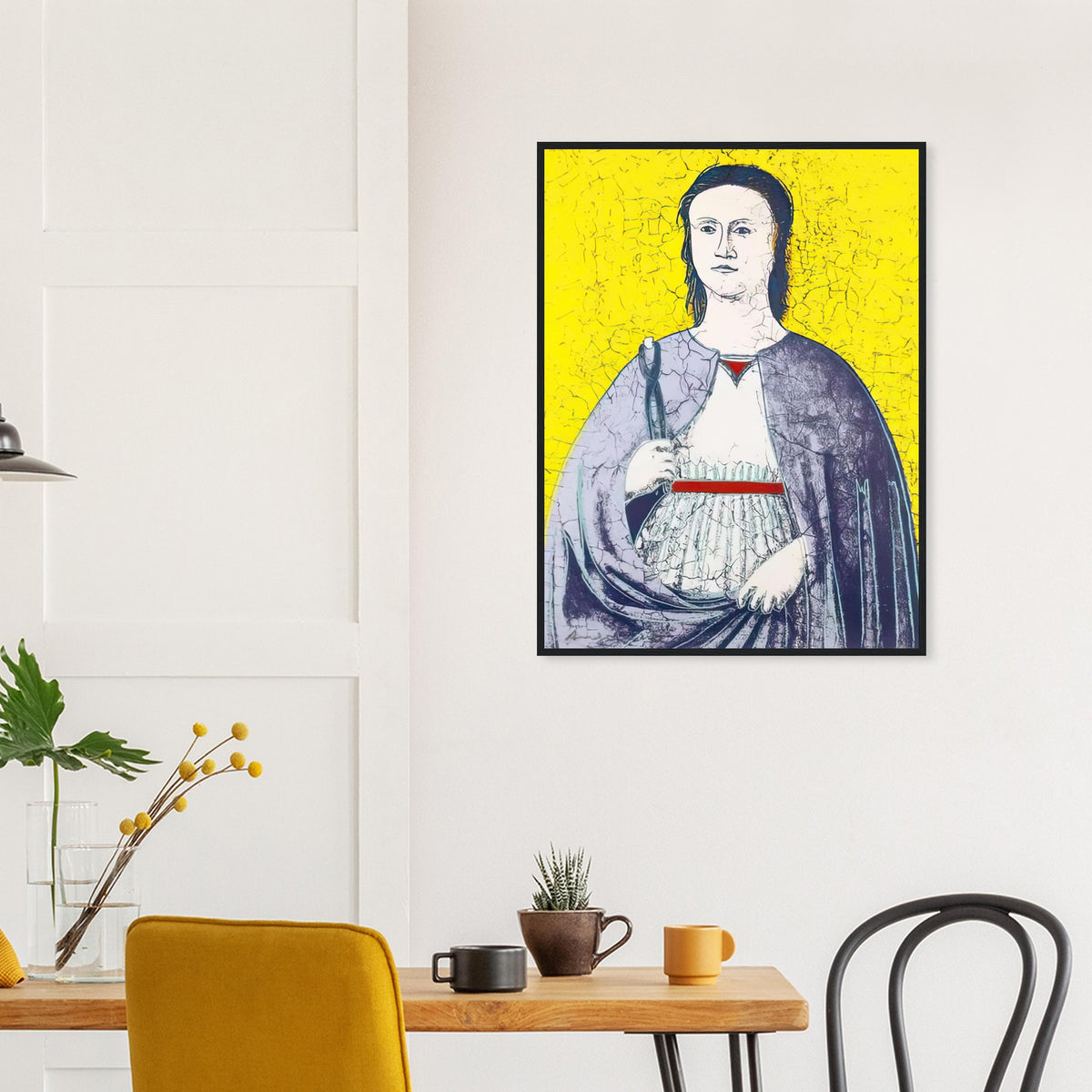 Andy Warhol framed print depicting the saint’s solemn presence, her symbolic attribute and the cracked appearance of the source painting remain visible; Warhol’s Saint Apollonia portfolio draws upon a Renaissance devotional image associated with Piero della