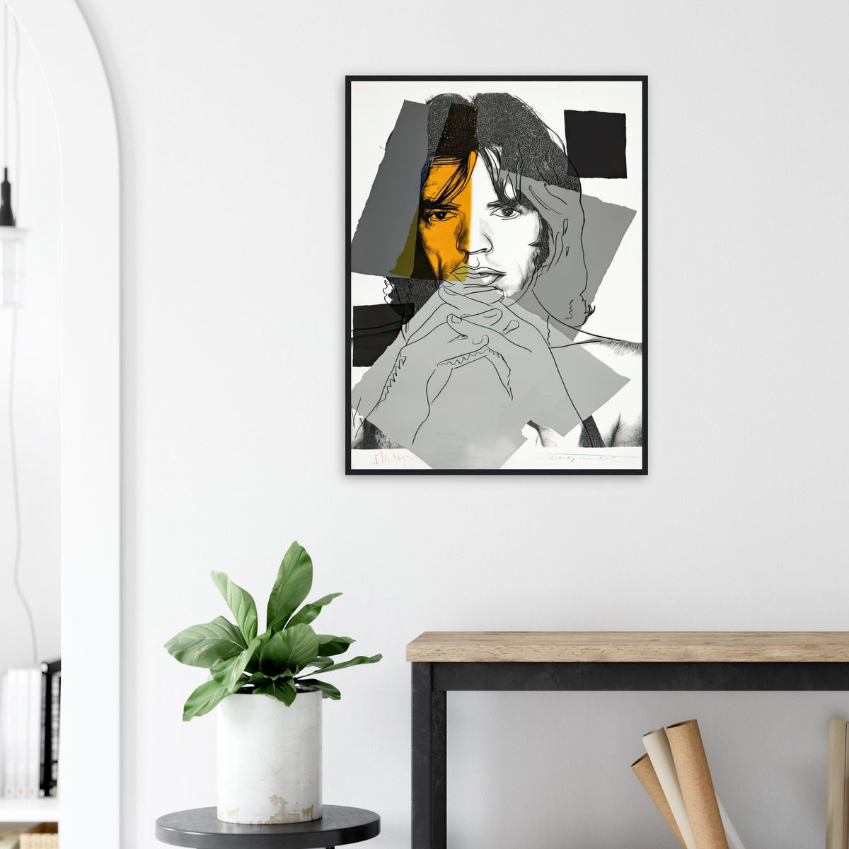 Andy Warhol framed print depicting photographic tones are interrupted by hand-drawn contours, selective colour blocks and cropped facial and bodily details; Warhol’s ten Mick Jagger portraits followed a long friendship with the Rolling Stones singer, including