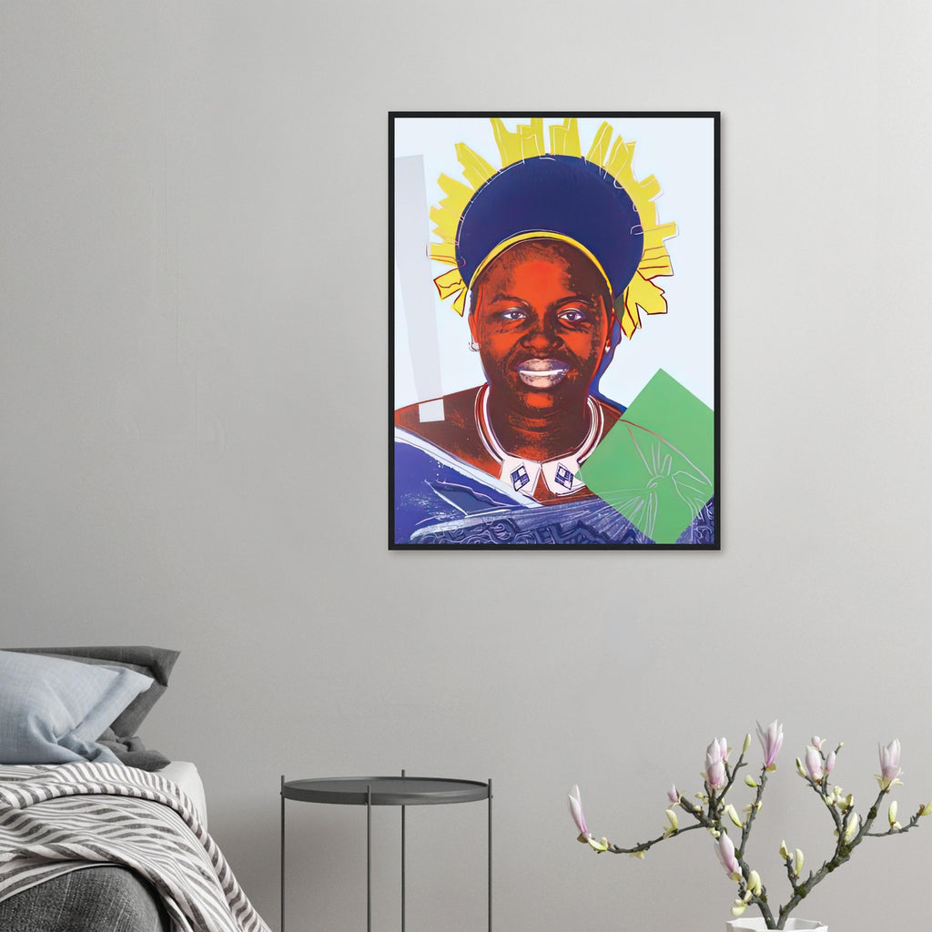 Andy Warhol framed print depicting this work depicts Queen Ntombi Twala of Swaziland; The Reigning Queens portfolio presented four women who held ruling power in their own right: Elizabeth