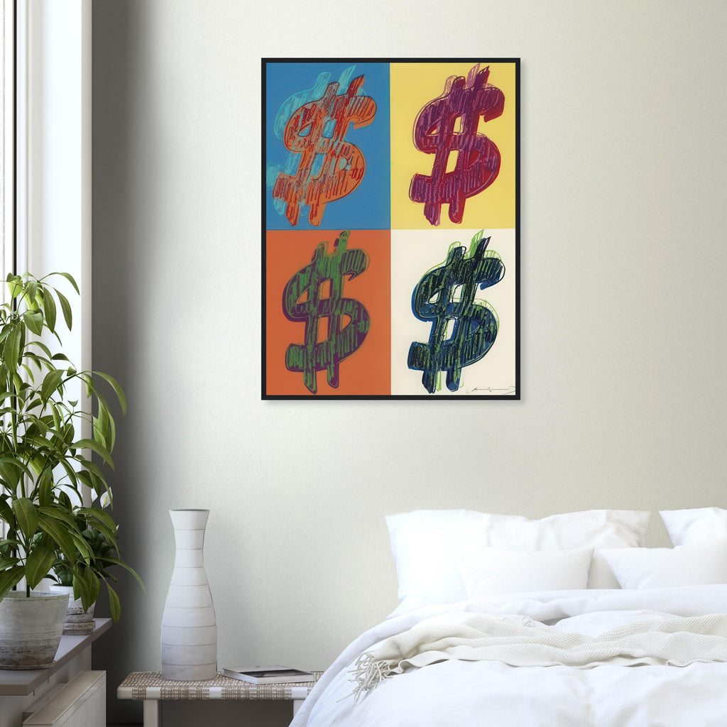 Andy Warhol framed print depicting the repeated or isolated currency mark operates like a logo: simple, recognizable and assertive