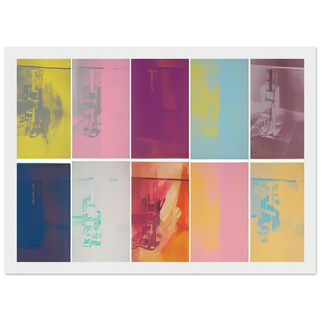 Andy Warhol framed print depicting the stark chair, its surroundings and the tense emptiness of the room, a detail that connects the composition to its broader artistic subject, white frame, 21x29.7 cm / 8x12"