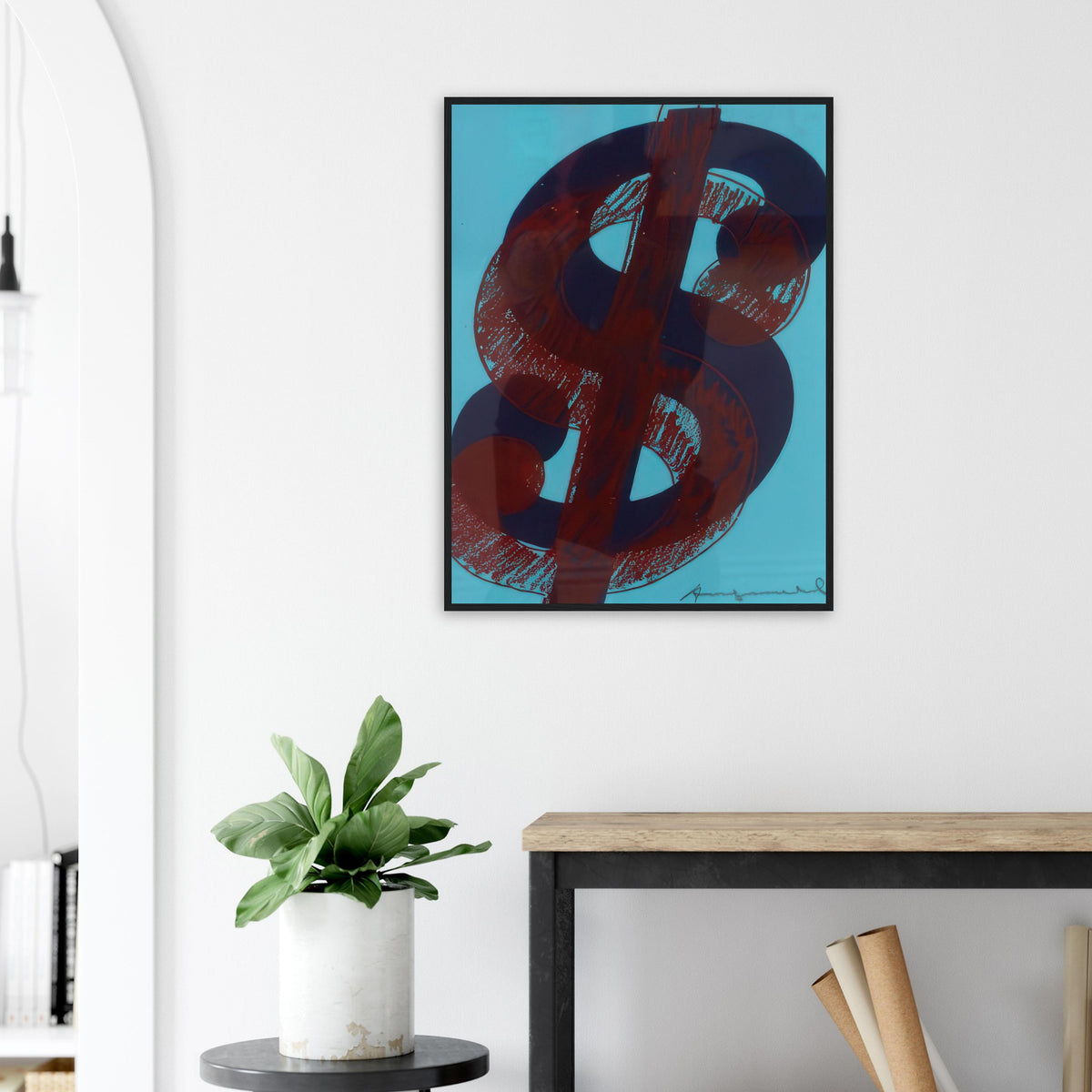 Andy Warhol framed print depicting the repeated or isolated currency mark operates like a logo: simple, recognizable and assertive