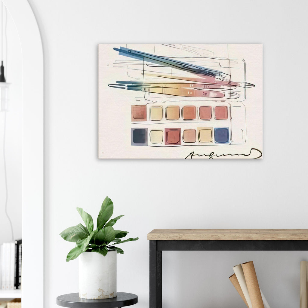 Andy Warhol canvas print depicting the compact arrangement of a watercolor painting set, a detail that connects the composition to its broader artistic subject