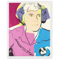 Andy Warhol framed print depicting her tailored jacket and a small Jimmy Carter campaign badge anchor the layered, partly abstract portrait; Lillian Carter, the mother of President Jimmy Carter, appears in a portrait associated with fundraising, white frame, 27x35 cm / 11x14″