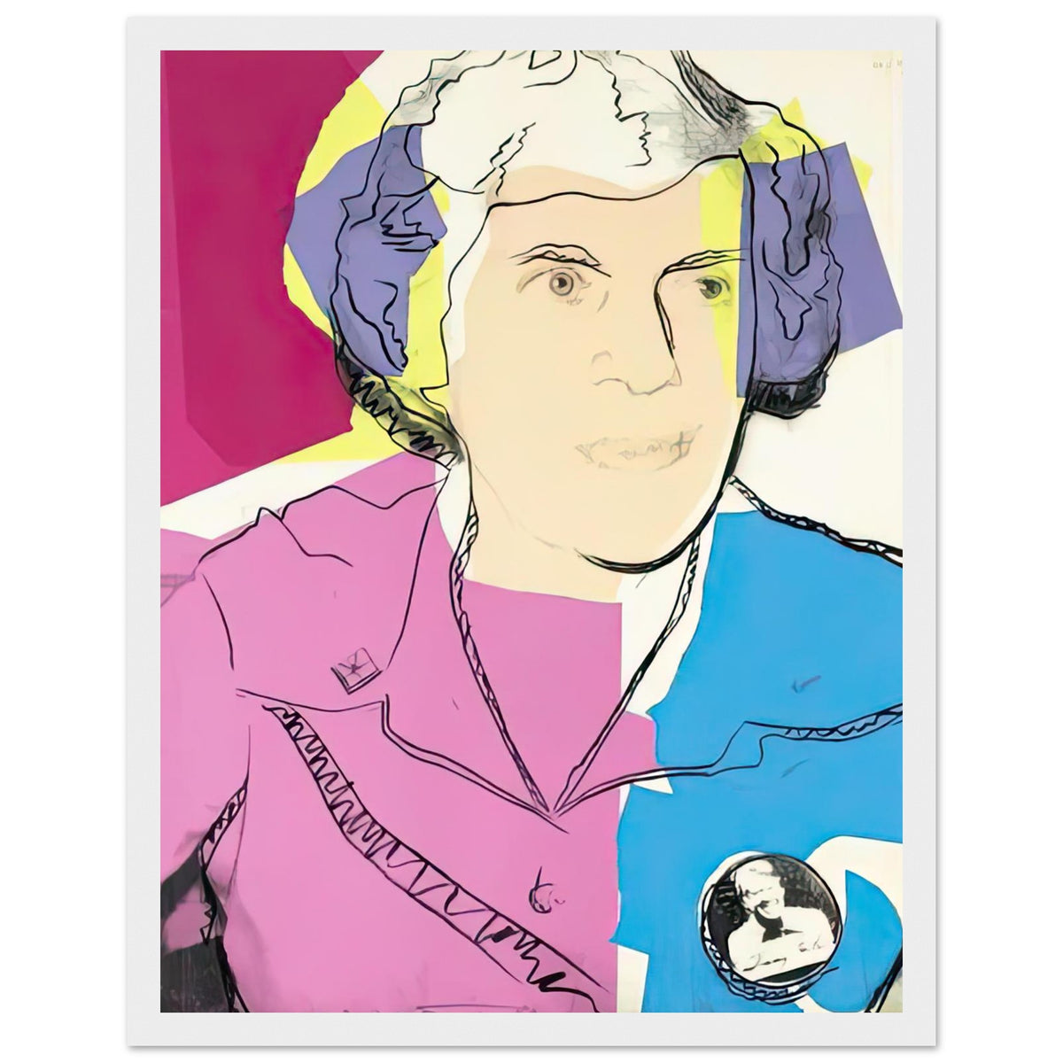 Andy Warhol framed print depicting her tailored jacket and a small Jimmy Carter campaign badge anchor the layered, partly abstract portrait; Lillian Carter, the mother of President Jimmy Carter, appears in a portrait associated with fundraising, white frame, 27x35 cm / 11x14″