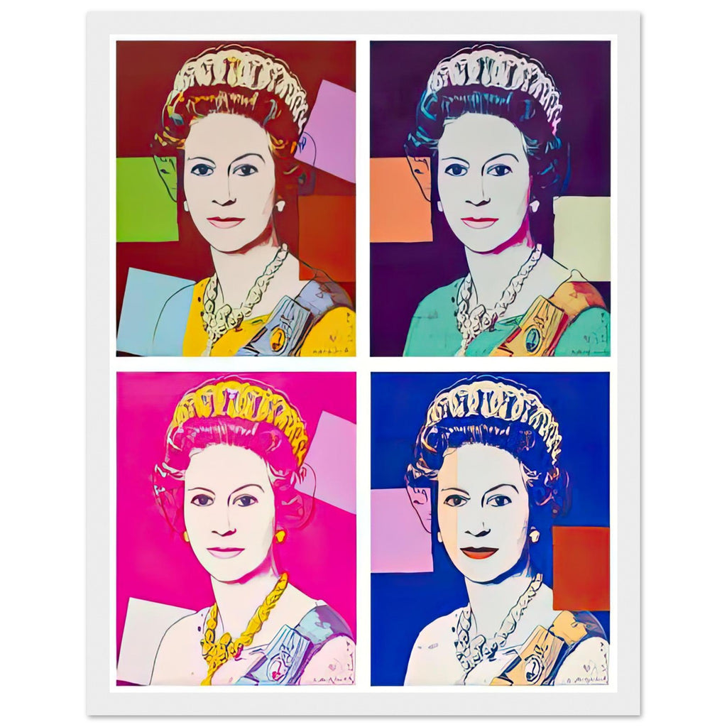 Andy Warhol framed print depicting this work depicts Queen Elizabeth II of the United Kingdom; The Reigning Queens portfolio presented four women who held ruling power in their own right: Elizabeth, white frame, 27x35 cm / 11x14″