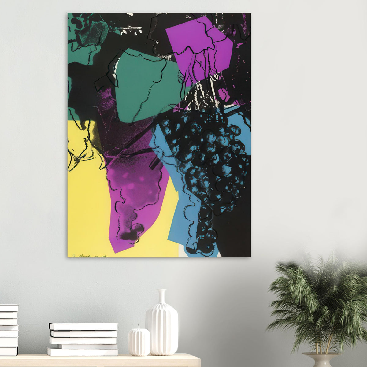 Andy Warhol poster depicting rounded grape forms and flowing stems provide a decorative rhythm, while the composition feels more graphic than naturalistic