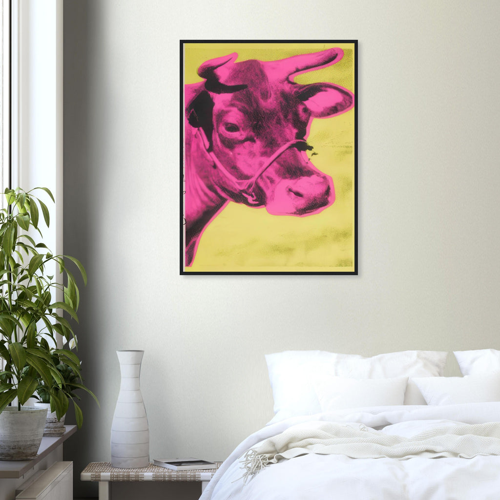 Andy Warhol framed print depicting the cow’s face becomes a bold graphic presence, replacing the gentle mood of traditional animal painting with irreverent visual impact