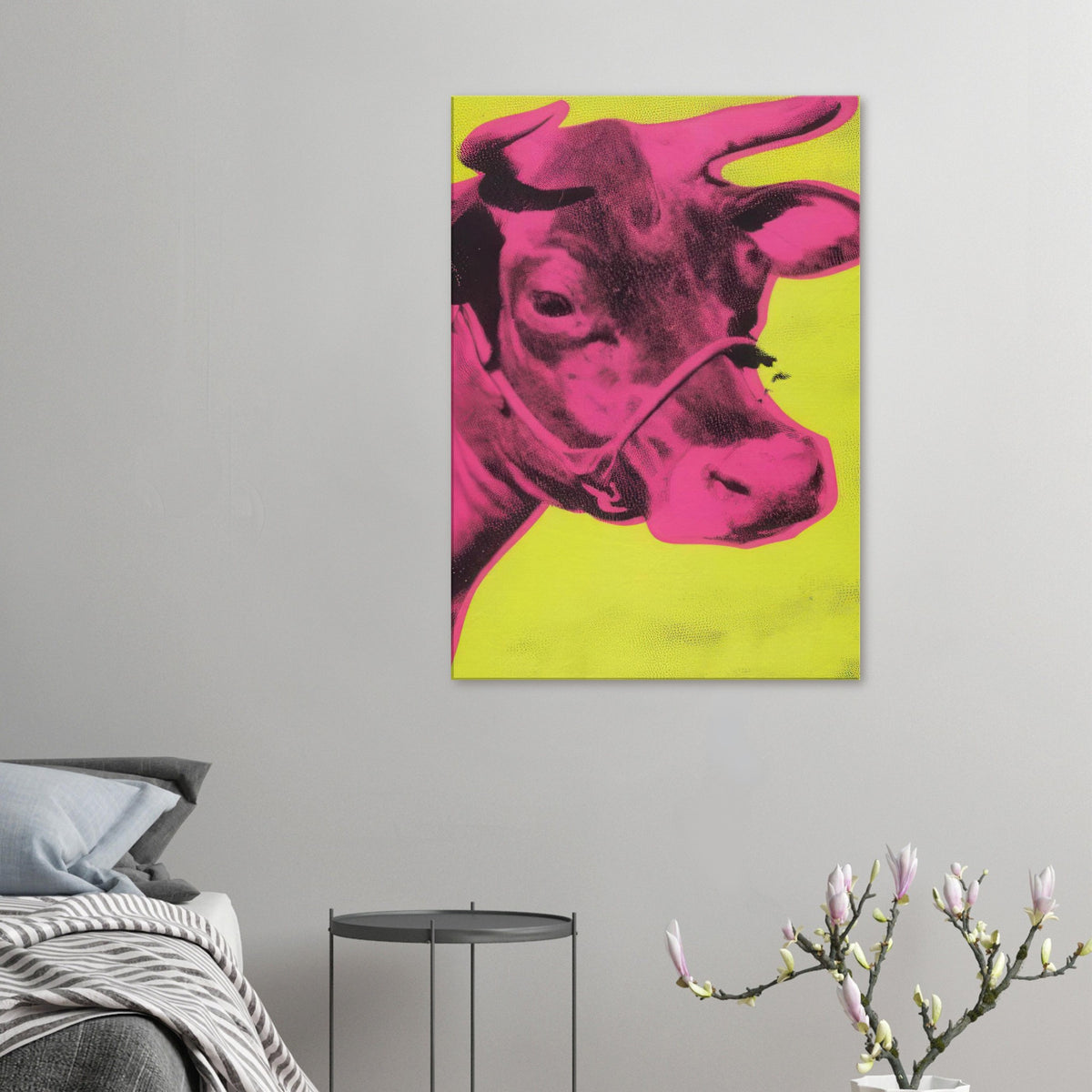 Andy Warhol canvas print depicting the cow’s face becomes a bold graphic presence, replacing the gentle mood of traditional animal painting with irreverent visual impact
