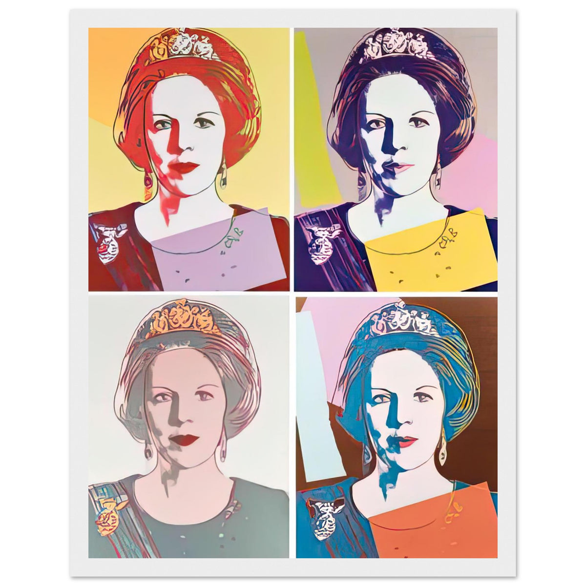 Andy Warhol framed print depicting this work depicts Queen Beatrix of the Netherlands; The Reigning Queens portfolio presented four women who held ruling power in their own right: Elizabeth, white frame, 27x35 cm / 11x14″