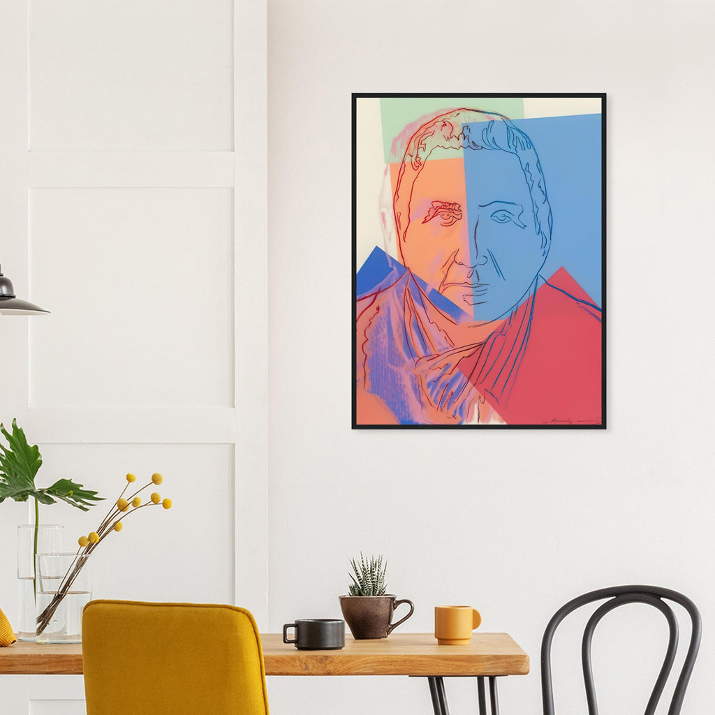 Andy Warhol framed print depicting the image centers on a distinctive likeness rather than narrative scenery; line and simplified contrast make the person the focus