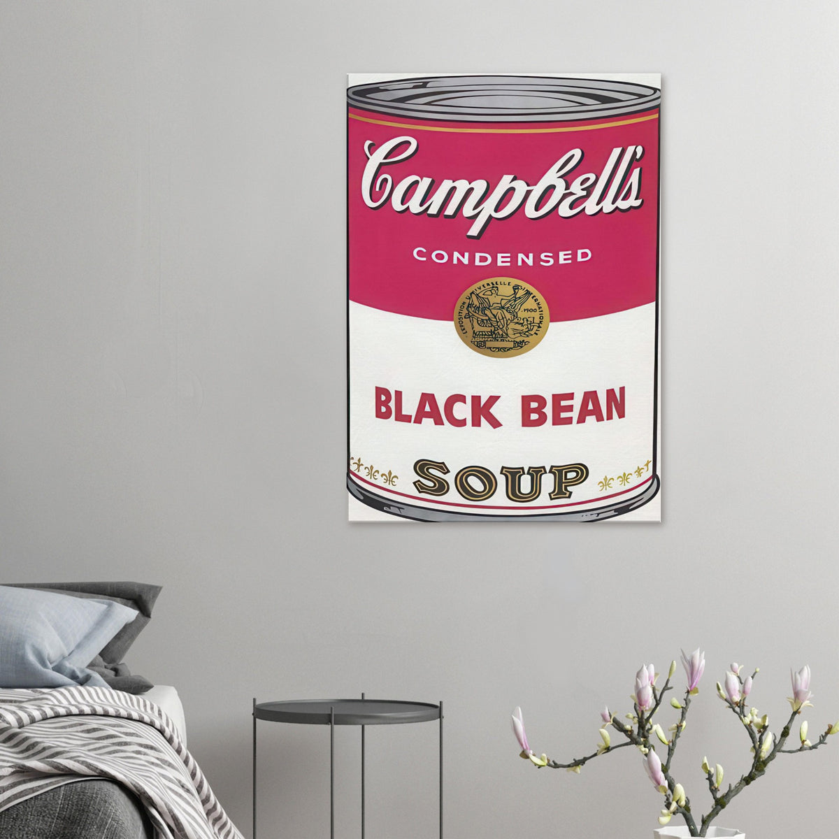 Andy Warhol canvas print depicting the instantly legible soup-can silhouette, packaging lettering and product name create a highly recognizable commercial composition