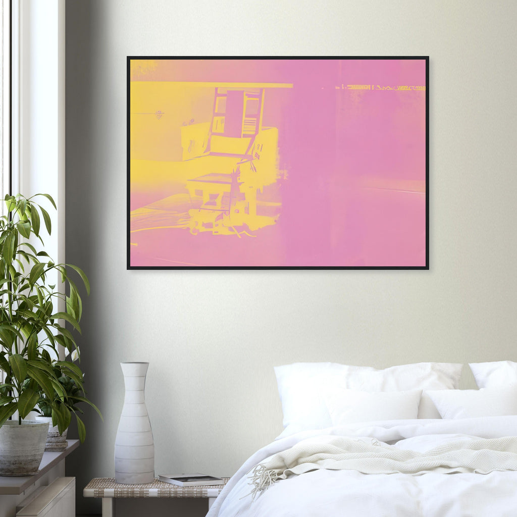 Andy Warhol framed print depicting the stark chair, its surroundings and the tense emptiness of the room, a detail that connects the composition to its broader artistic subject
