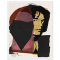 Andy Warhol framed print depicting photographic tones are interrupted by hand-drawn contours, selective colour blocks and cropped facial and bodily details; Warhol’s ten Mick Jagger portraits followed a long friendship with the Rolling Stones singer, including, white frame, 27x35 cm / 11x14″