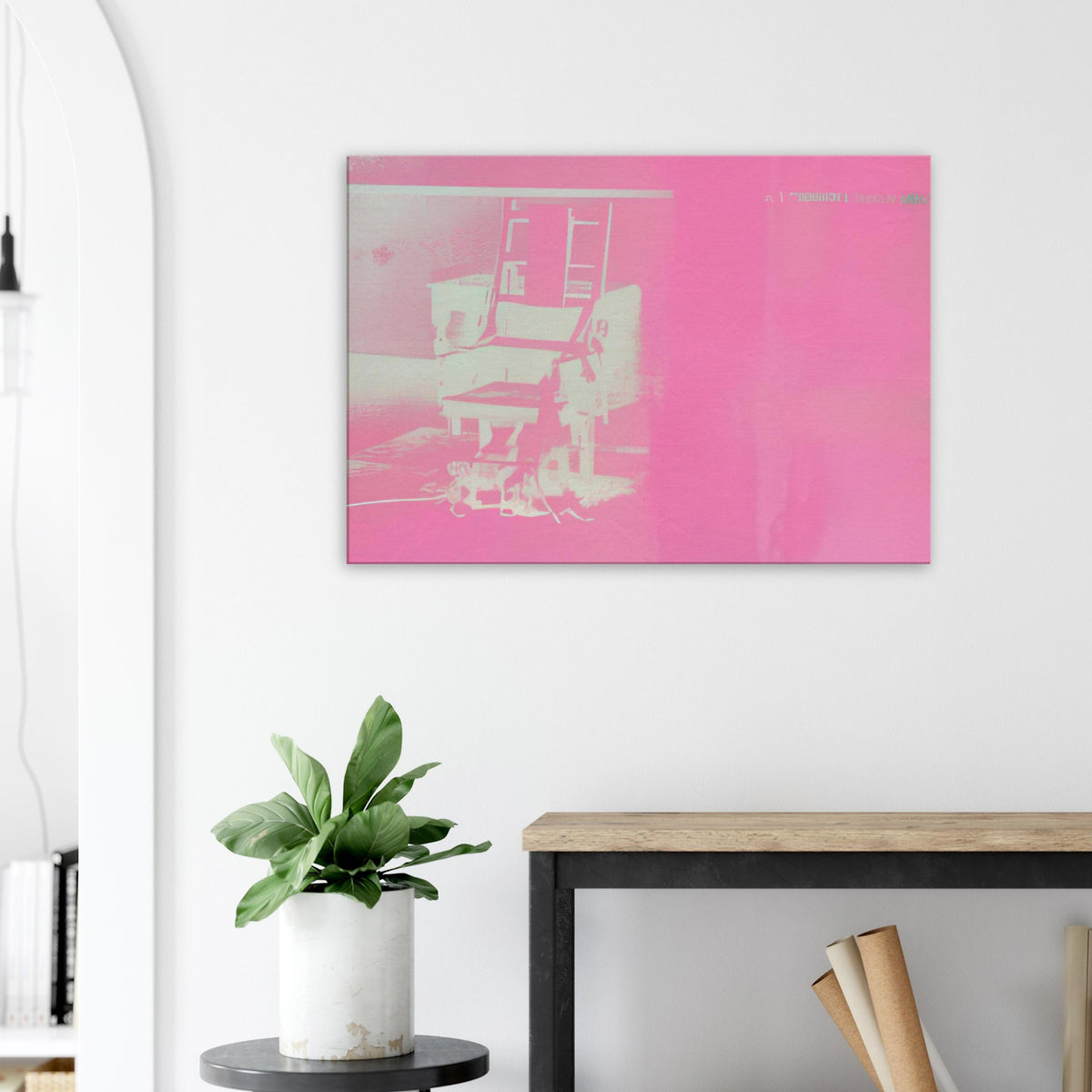 Andy Warhol canvas print depicting the stark chair, its surroundings and the tense emptiness of the room, a detail that connects the composition to its broader artistic subject