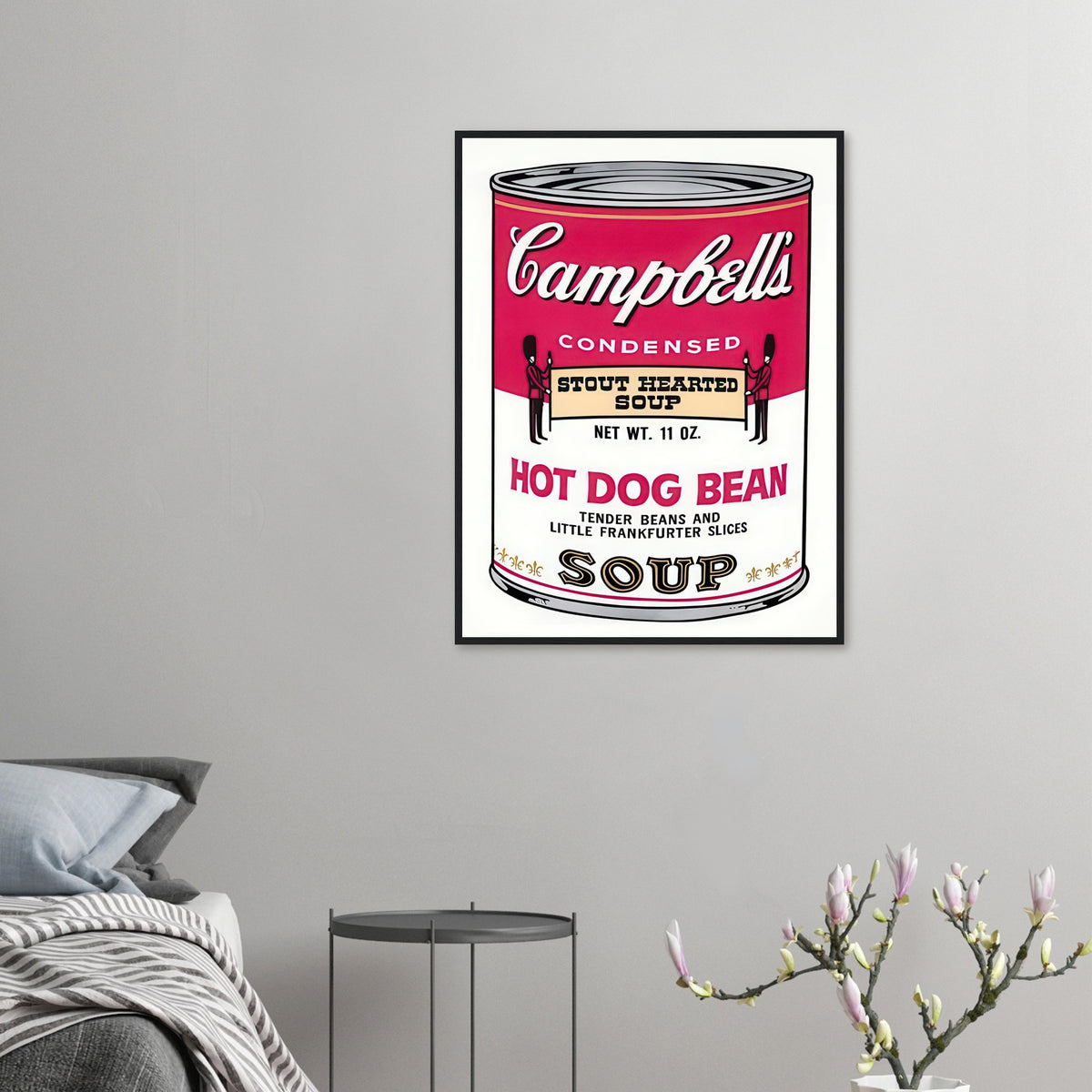 Andy Warhol framed print depicting the instantly legible soup-can silhouette, packaging lettering and product name create a highly recognizable commercial composition