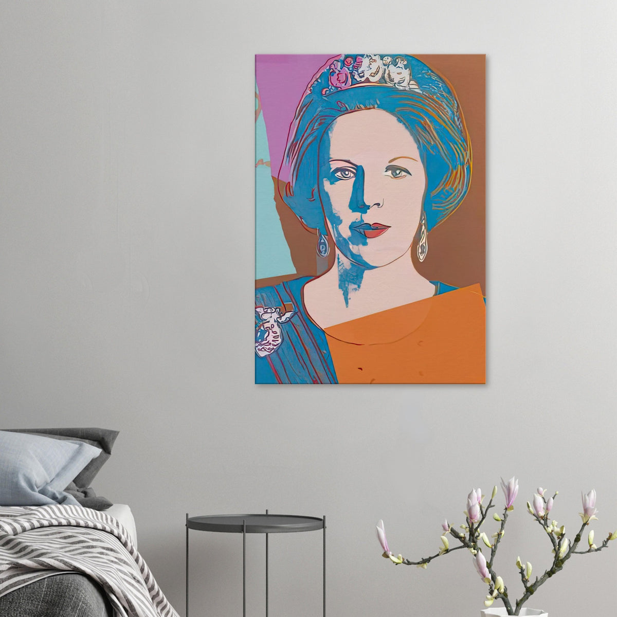 Andy Warhol canvas print depicting the recognizable royal portrait becomes a strong graphic focal point