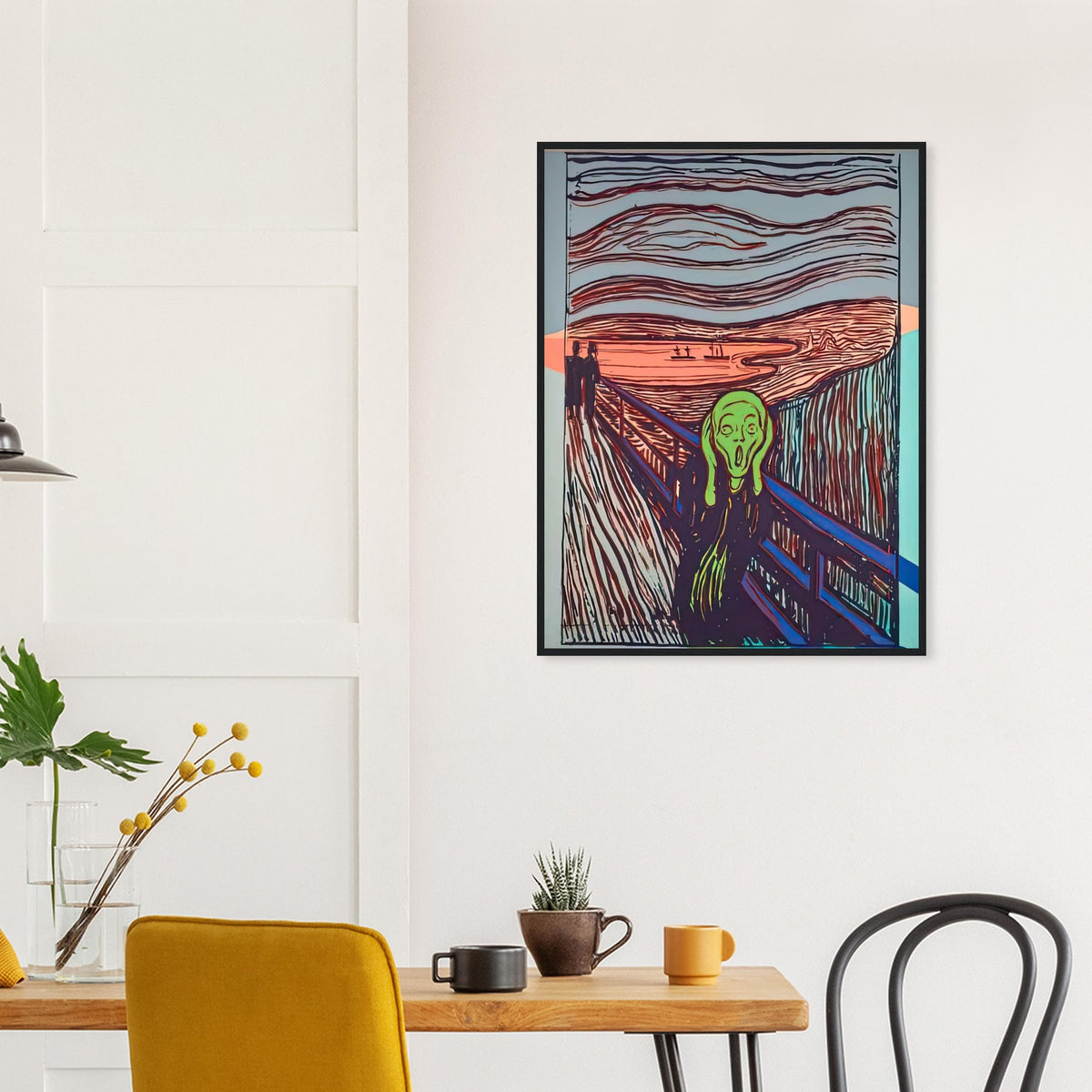 Andy Warhol framed print depicting the familiar anguished figure and its expressive gesture supply a point of recognition; graphic repetition and strong contours shift the emphasis toward the image’s public life as an icon; Warhol’s work titled The Scream references a famous expressionist image, a reminder that he sometimes