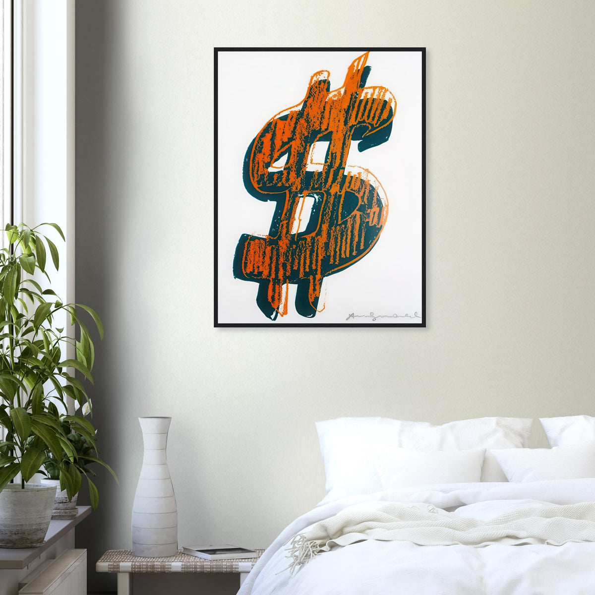 Andy Warhol framed print depicting the repeated or isolated currency mark operates like a logo: simple, recognizable and assertive