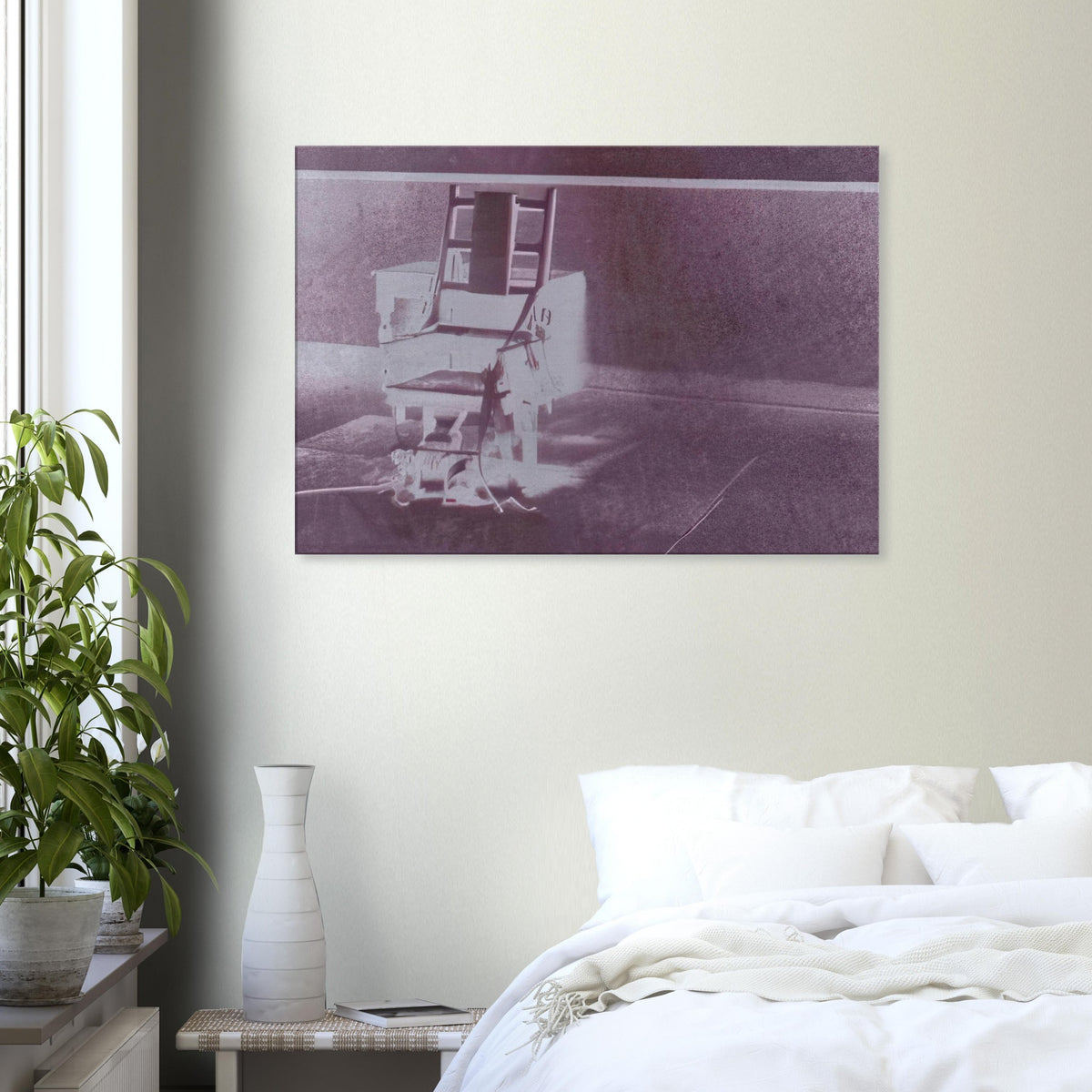 Andy Warhol canvas print depicting the stark chair, its surroundings and the tense emptiness of the room, a detail that connects the composition to its broader artistic subject