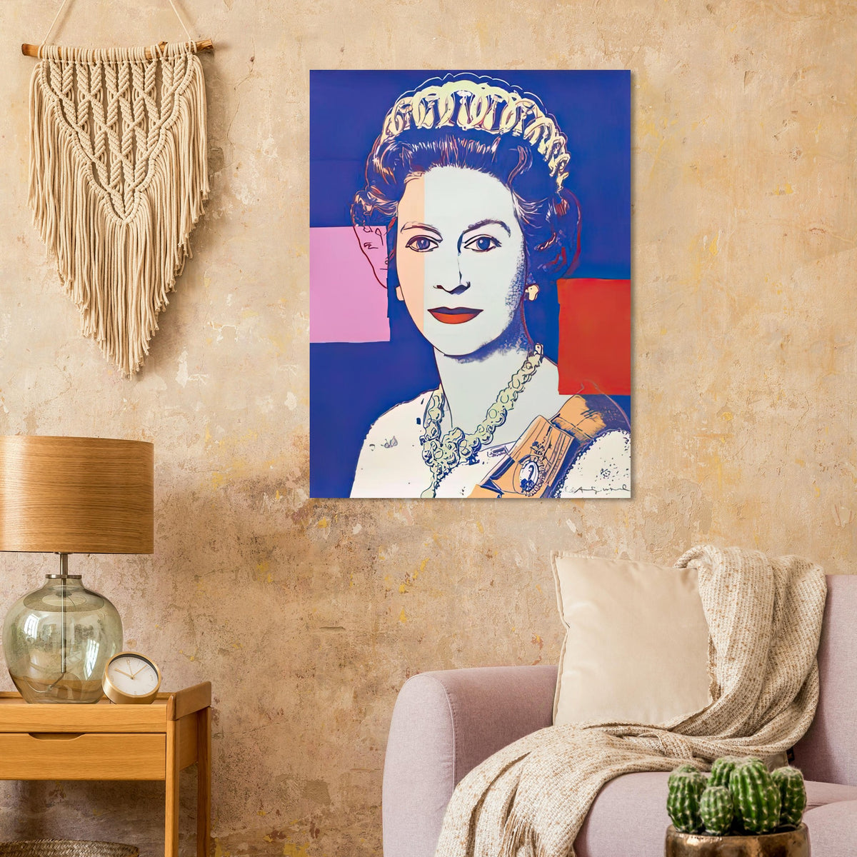 Andy Warhol poster depicting the recognizable royal portrait becomes a strong graphic focal point