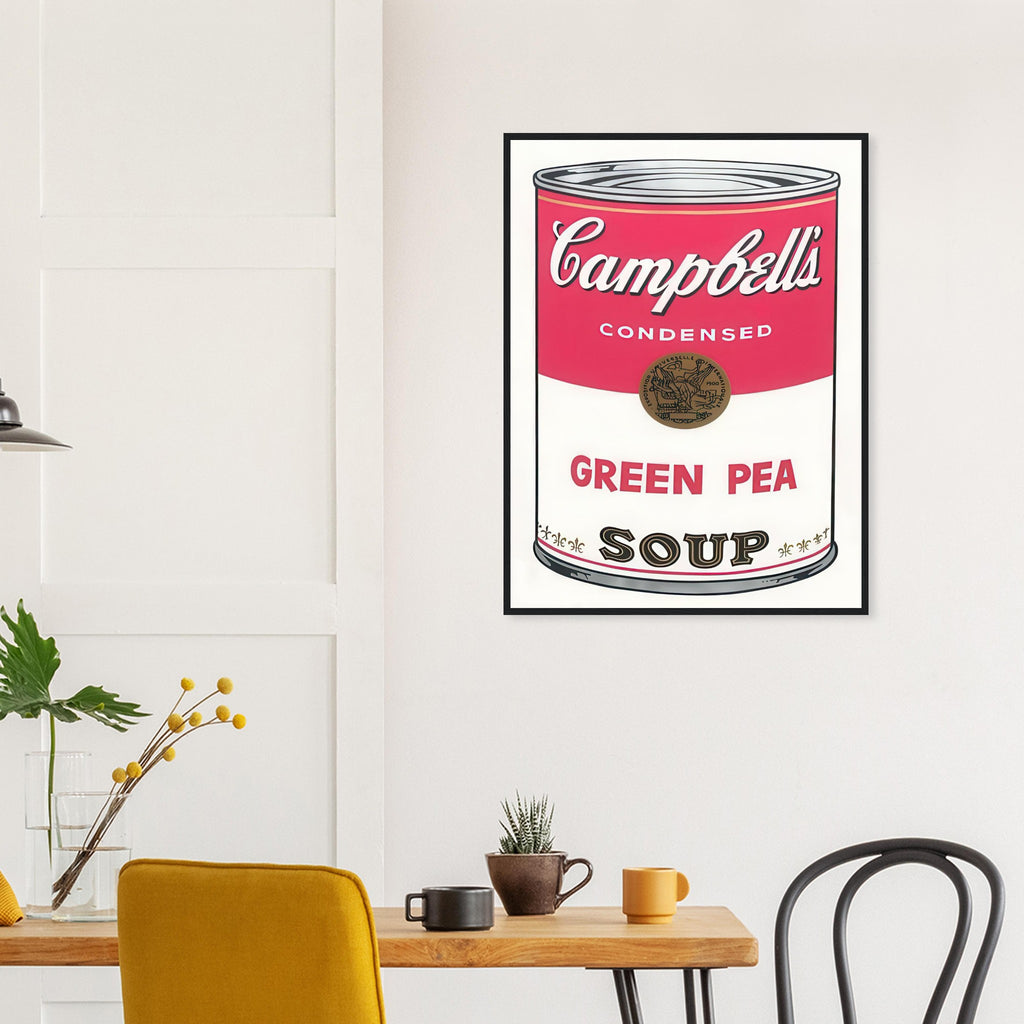 Andy Warhol framed print depicting the instantly legible soup-can silhouette, packaging lettering and product name create a highly recognizable commercial composition
