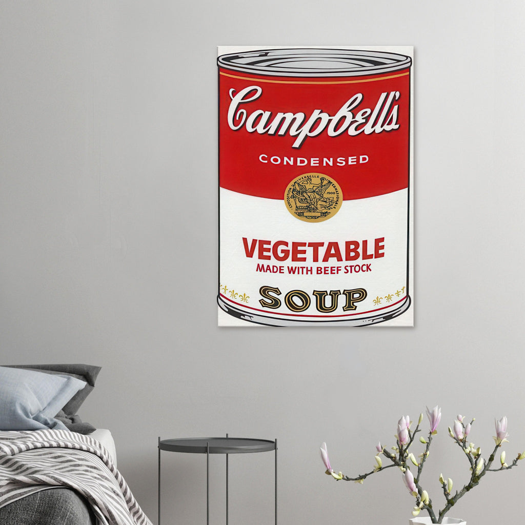 Andy Warhol canvas print depicting the instantly legible soup-can silhouette, packaging lettering and product name create a highly recognizable commercial composition