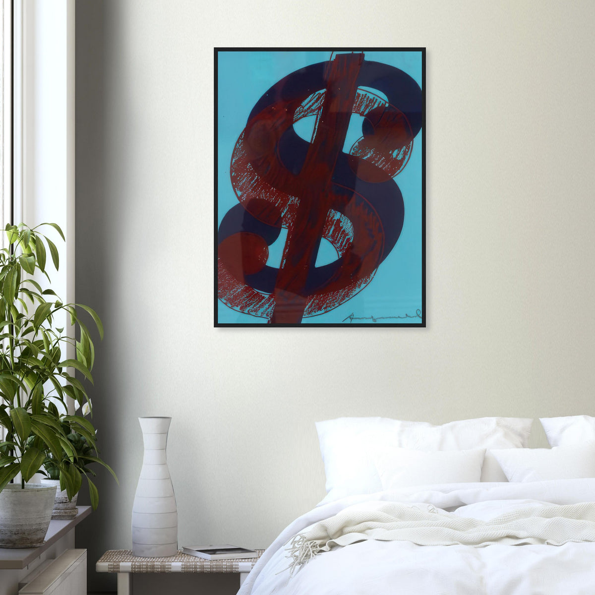 Andy Warhol framed print depicting the repeated or isolated currency mark operates like a logo: simple, recognizable and assertive