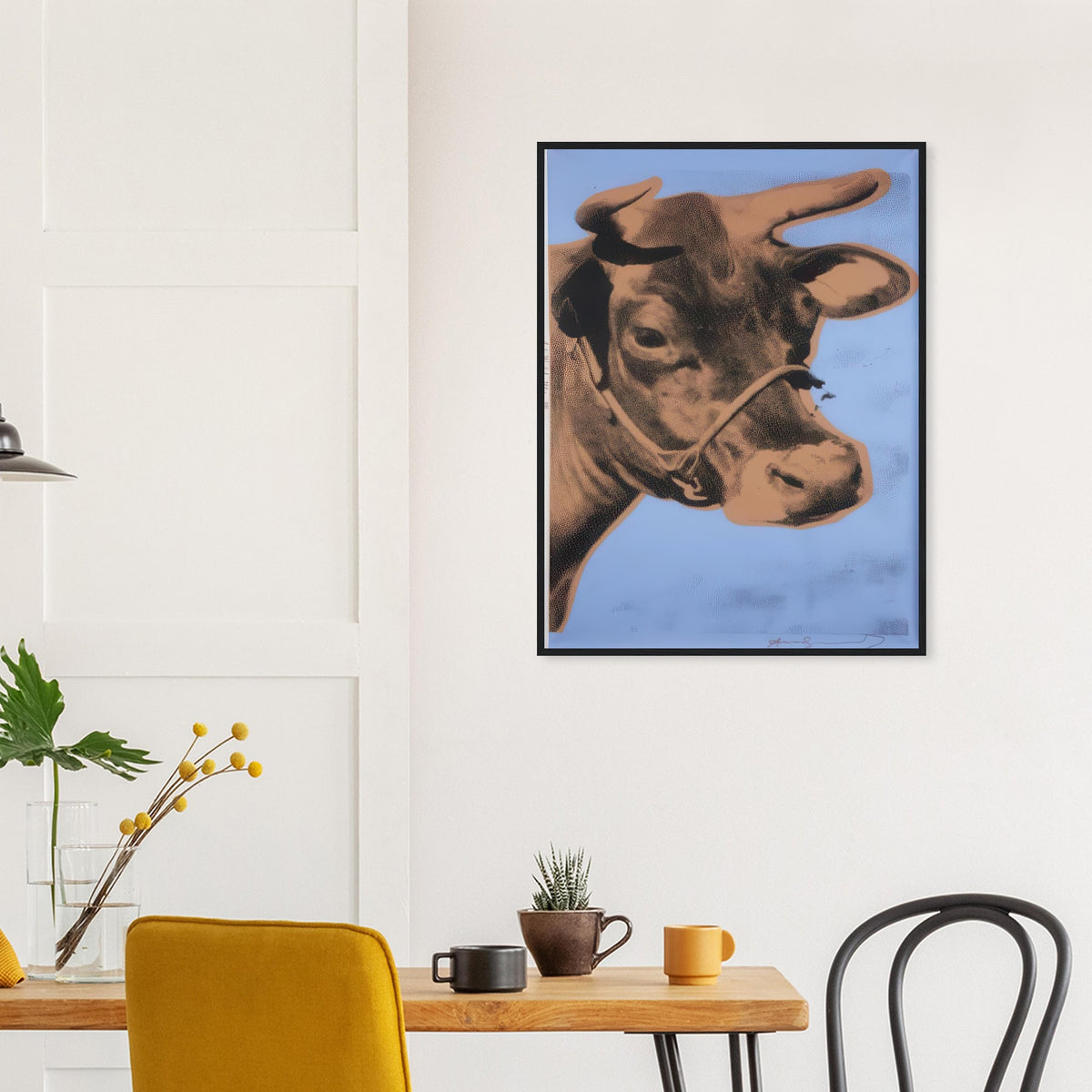 Andy Warhol framed print depicting the cow’s face becomes a bold graphic presence, replacing the gentle mood of traditional animal painting with irreverent visual impact