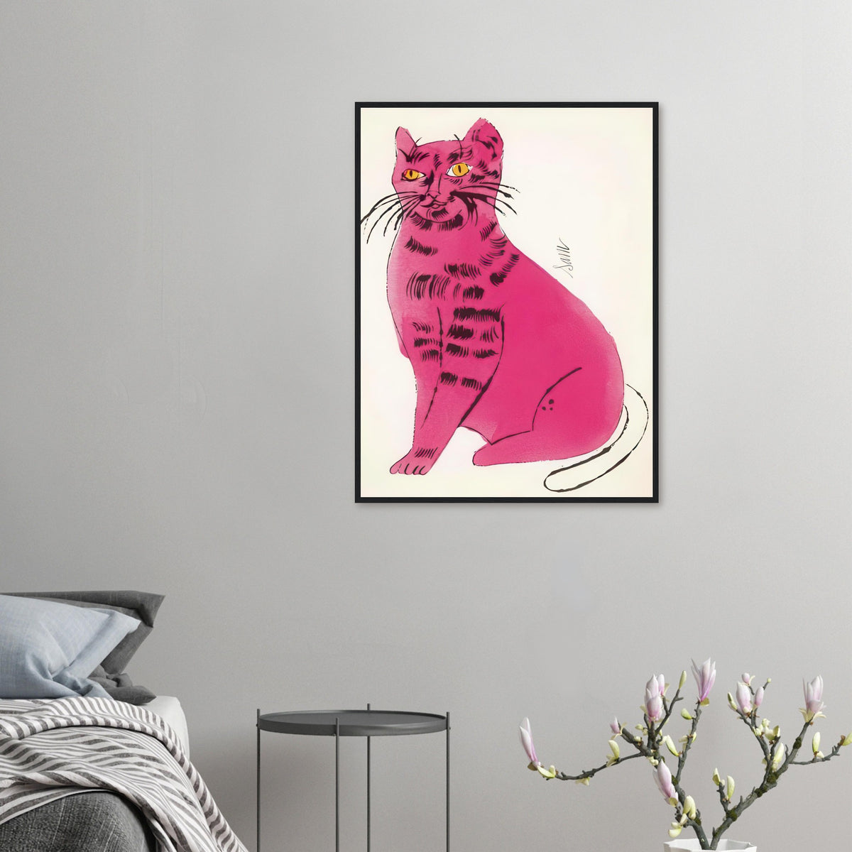 Andy Warhol framed print depicting a spare contour drawing gives the animal its personality, while uncomplicated forms keep the focus on the cat’s outline and pose