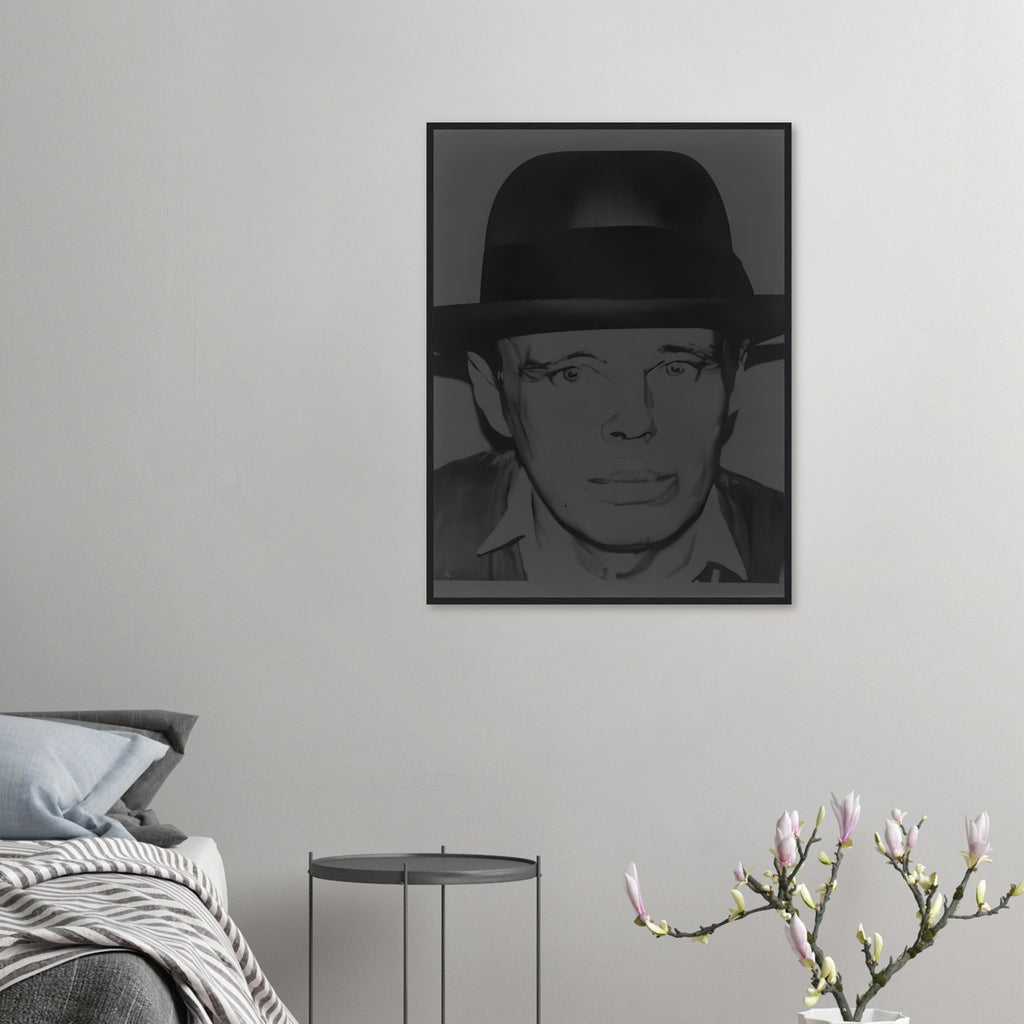 Andy Warhol framed print depicting beuys faces the viewer wearing his characteristic brimmed felt hat; Warhol portrayed fellow artist Joseph Beuys after photographing him in 1979