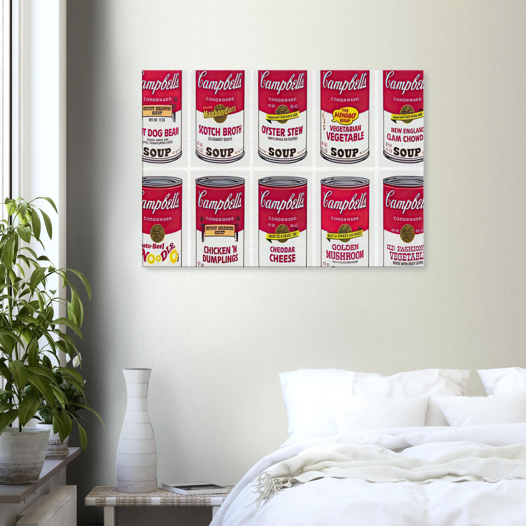 Andy Warhol canvas print depicting repeated supermarket soup packaging and familiar red-and-white labels, a detail that connects the composition to its broader artistic subject
