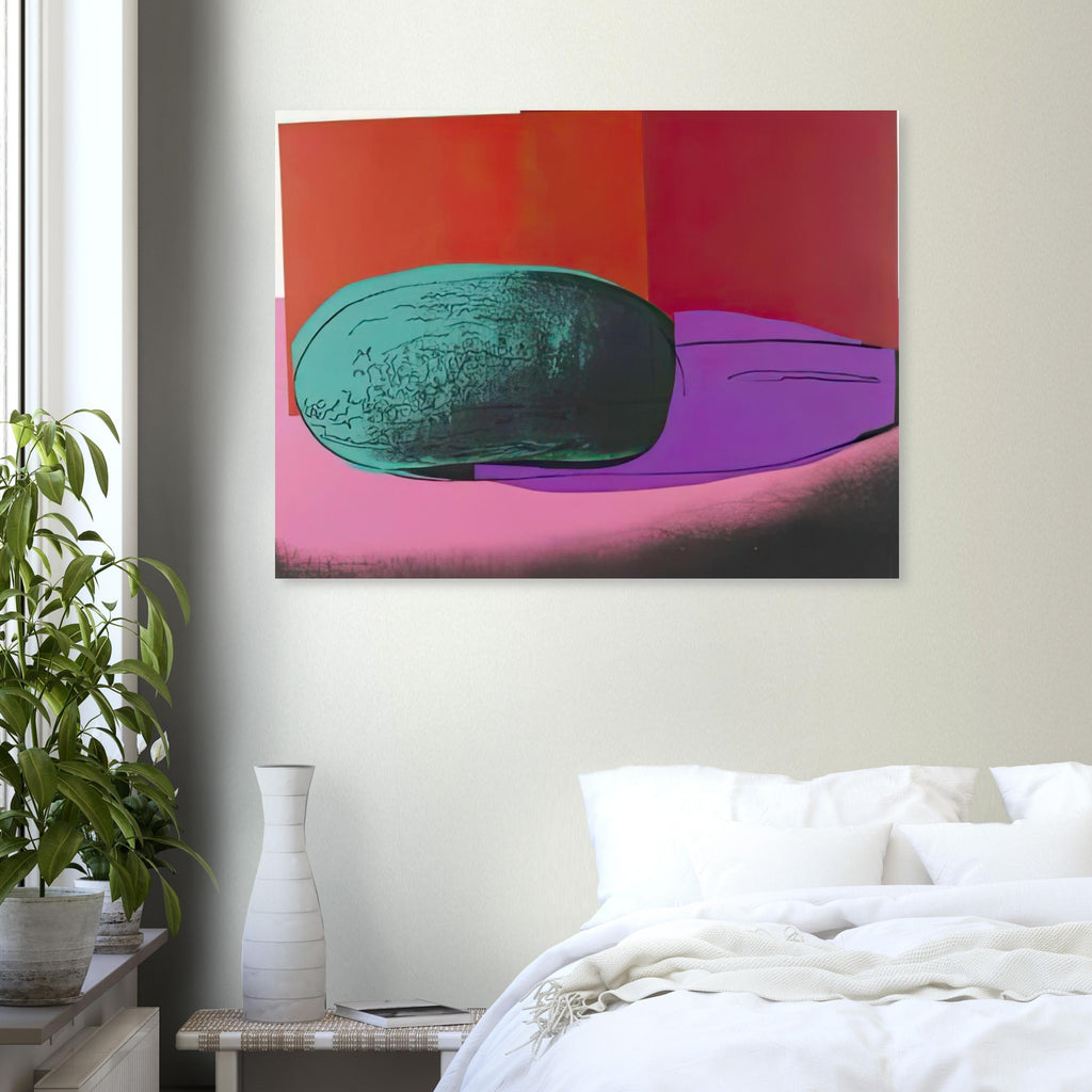 Andy Warhol poster depicting rounded fruit forms, expressive edges and the recognizable shapes of watermelon, a detail that connects the composition to its broader artistic subject