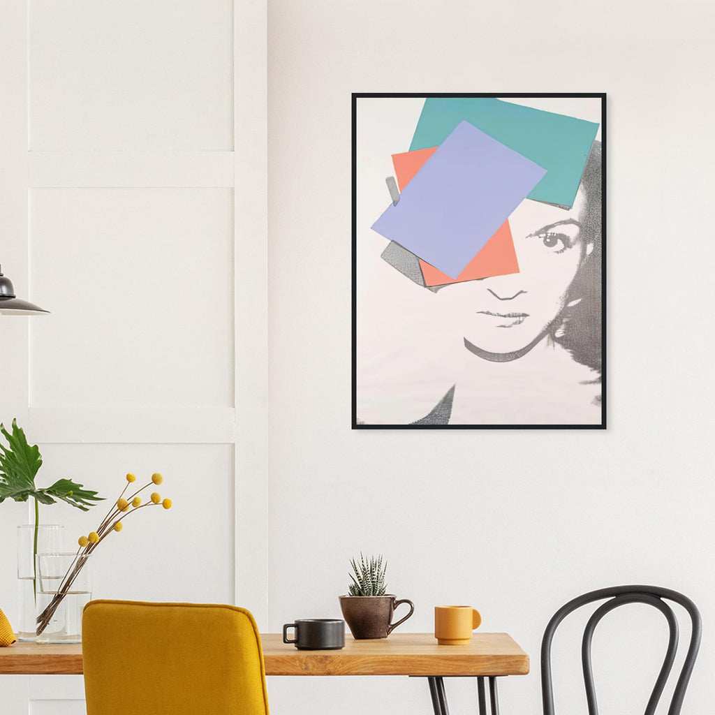 Andy Warhol framed print depicting the central face is treated as a graphic emblem, with selective contour and colour drawing attention to the sitter’s expression and composed presence; Paloma Picasso, daughter of Pablo Picasso, was a figure in the international fashion and art worlds