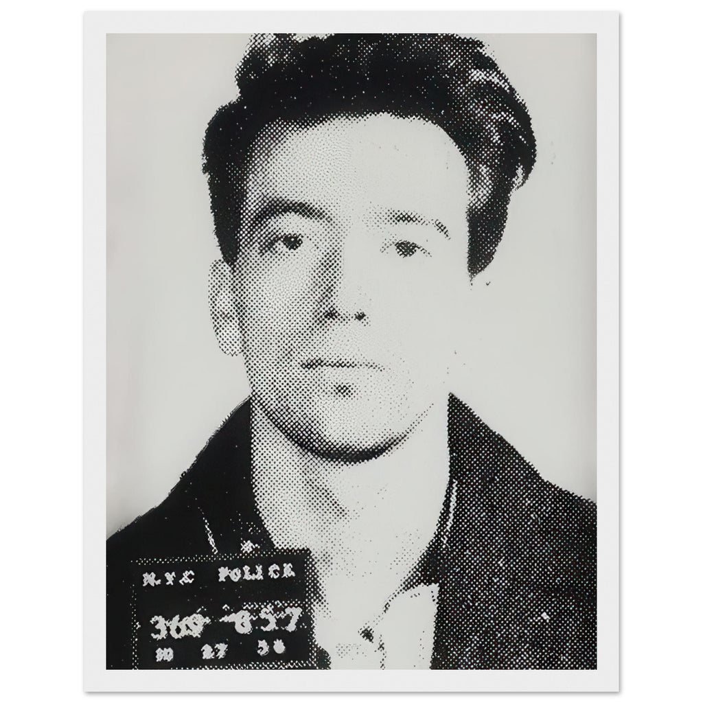 Andy Warhol framed print depicting an identification slate pinned to the young man’s jacket reveals the image as a mugshot rather than a glamorous portrait; John Joseph H No, white frame, 27x35 cm / 11x14″