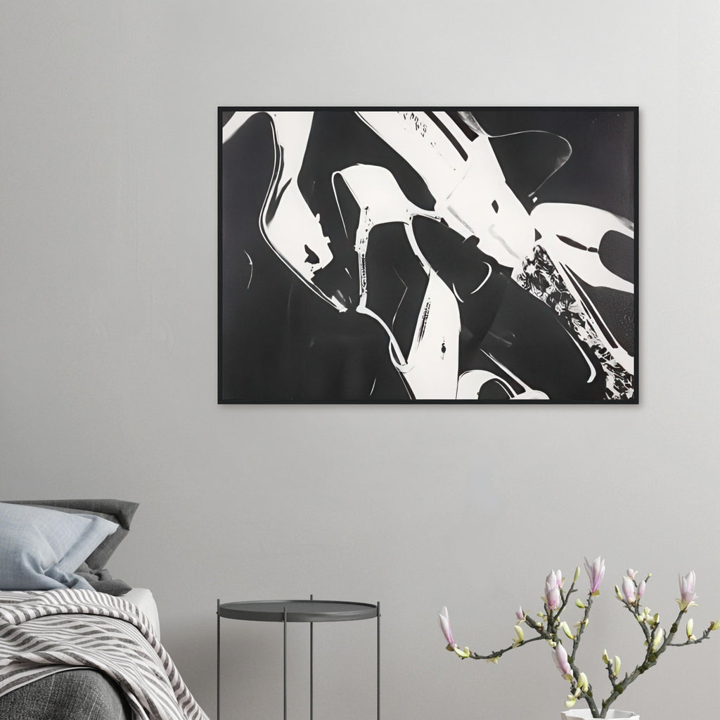 Andy Warhol framed print depicting a lively arrangement of footwear, with overlapping silhouettes and decorative texture, a detail that connects the composition to its broader artistic subject