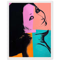 Andy Warhol framed print depicting pink, orange and turquoise blocks divide Sachiko’s relaxed, smiling photographic image into uneven sections; Sachiko Goodman, a New York real estate broker and art collector, was part of Warhol’s social circle, white frame, 27x35 cm / 11x14″