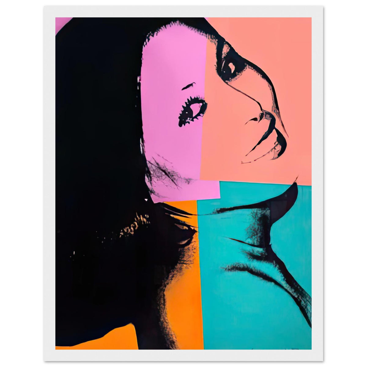 Andy Warhol framed print depicting pink, orange and turquoise blocks divide Sachiko’s relaxed, smiling photographic image into uneven sections; Sachiko Goodman, a New York real estate broker and art collector, was part of Warhol’s social circle, white frame, 27x35 cm / 11x14″