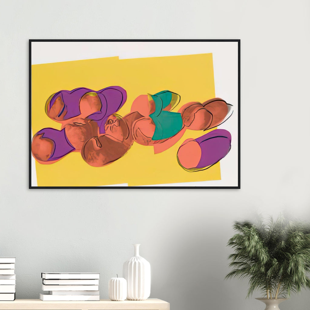 Andy Warhol framed print depicting rounded fruit forms, expressive edges and the recognizable shapes of peaches, a detail that connects the composition to its broader artistic subject