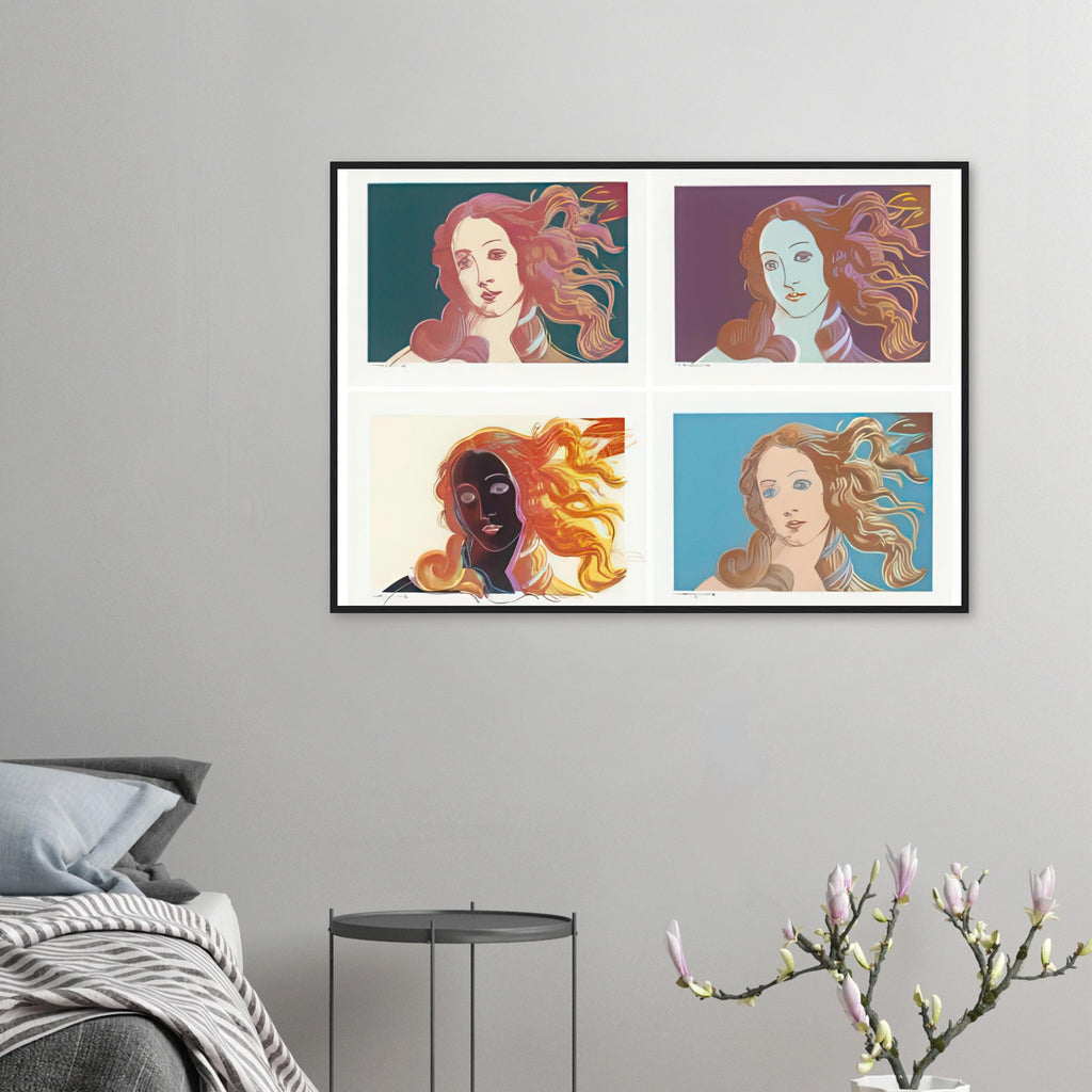 Andy Warhol framed print depicting venus emerging from the sea in a detail from the Renaissance painting, a detail that connects the composition to its broader artistic subject