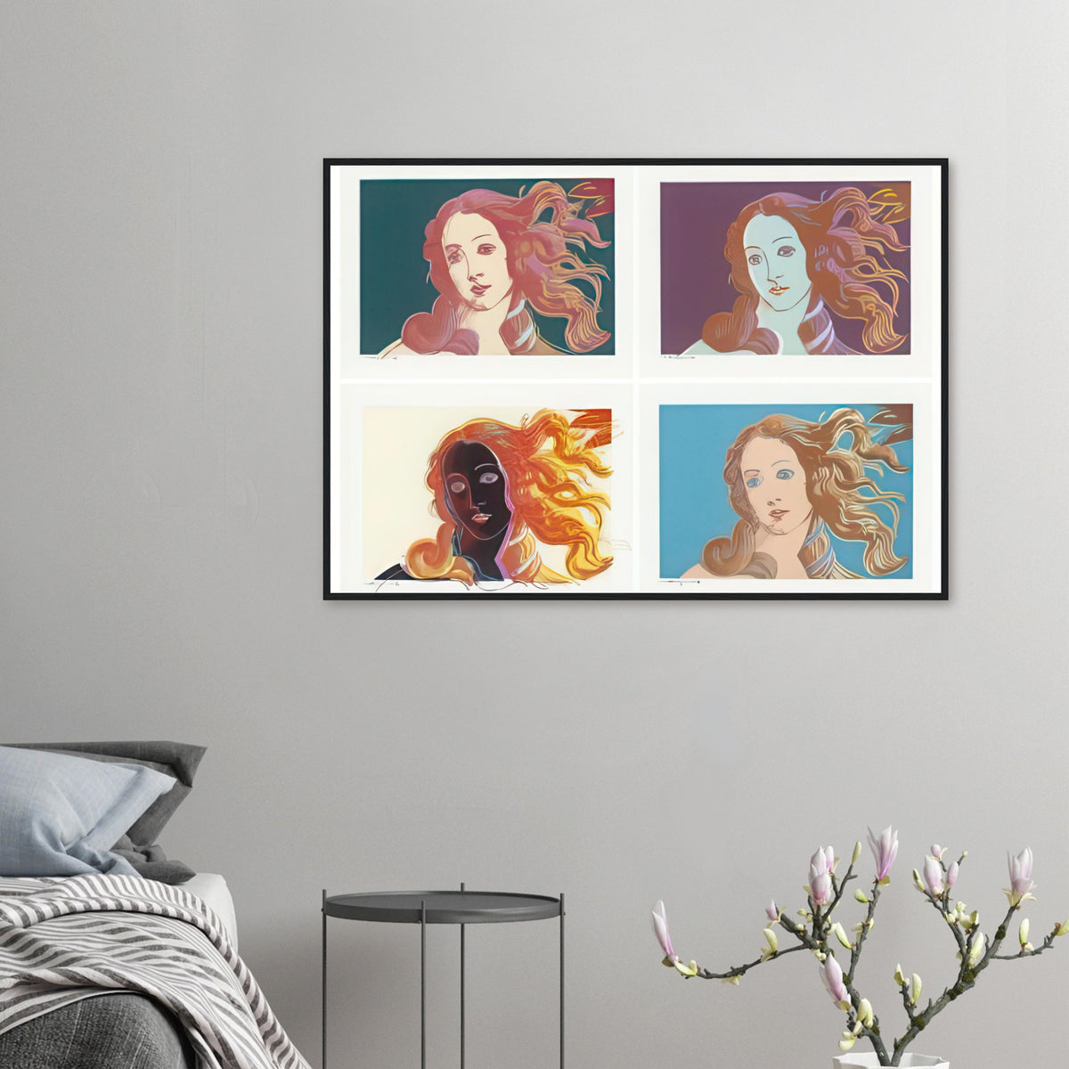 Andy Warhol framed print depicting venus emerging from the sea in a detail from the Renaissance painting, a detail that connects the composition to its broader artistic subject