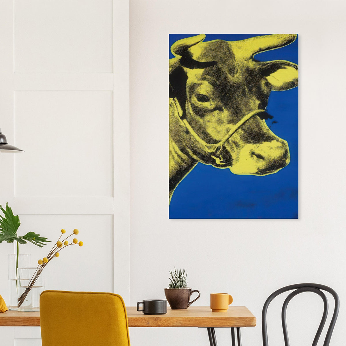 Andy Warhol canvas print depicting the cow’s face becomes a bold graphic presence, replacing the gentle mood of traditional animal painting with irreverent visual impact