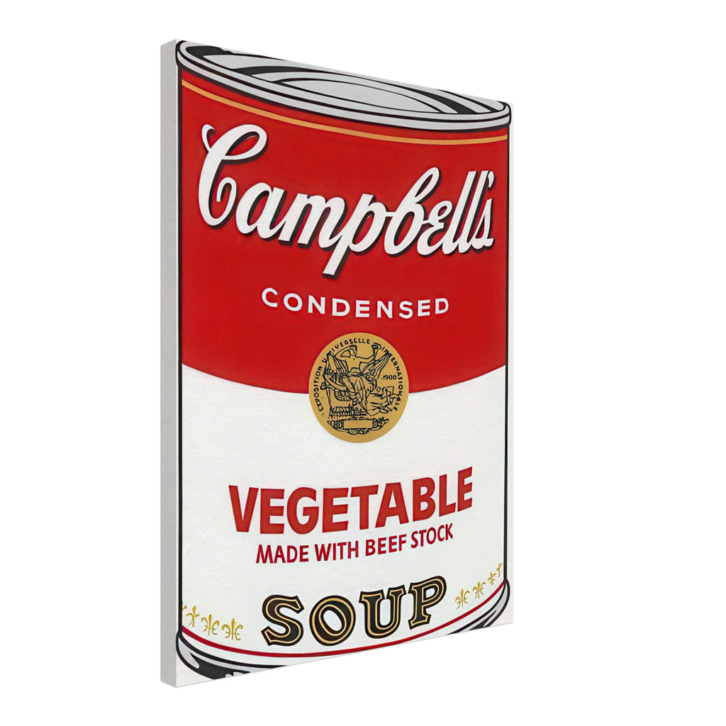 Andy Warhol canvas print depicting the instantly legible soup-can silhouette, packaging lettering and product name create a highly recognizable commercial composition, 45x60 cm / 18x24″