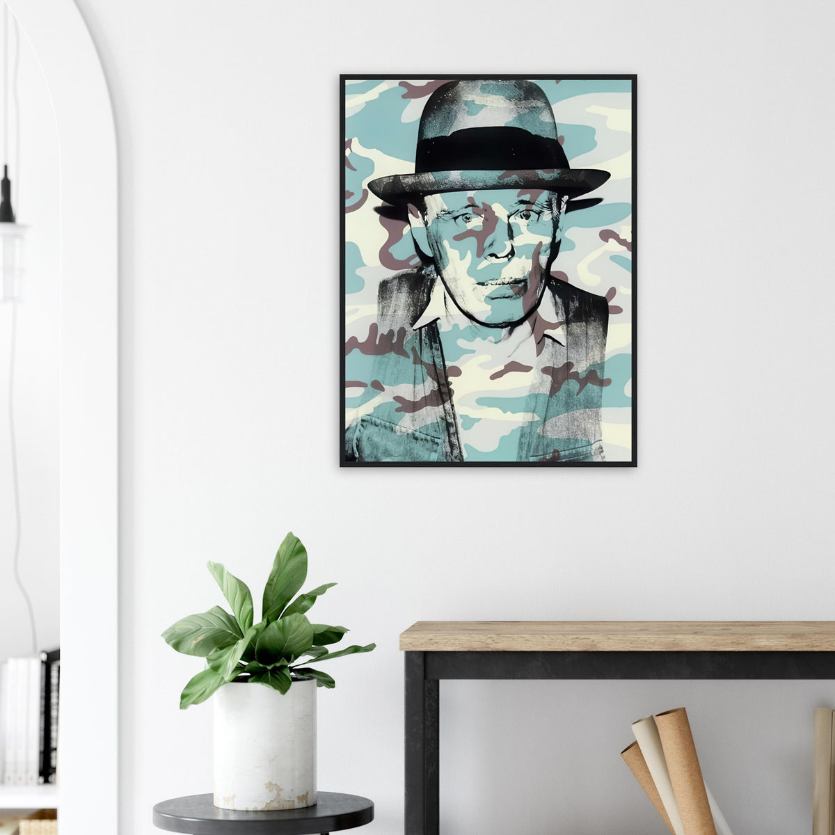 Andy Warhol framed print depicting beuys faces the viewer wearing his characteristic brimmed felt hat; Warhol portrayed fellow artist Joseph Beuys after photographing him in 1979